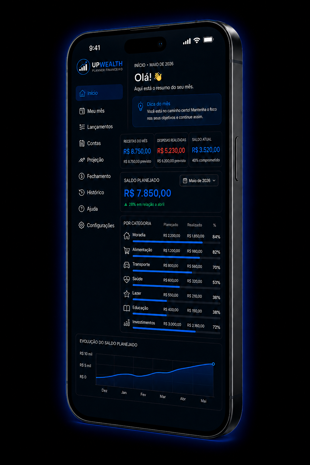 Planner Financeiro UpWealth funcionando no celular